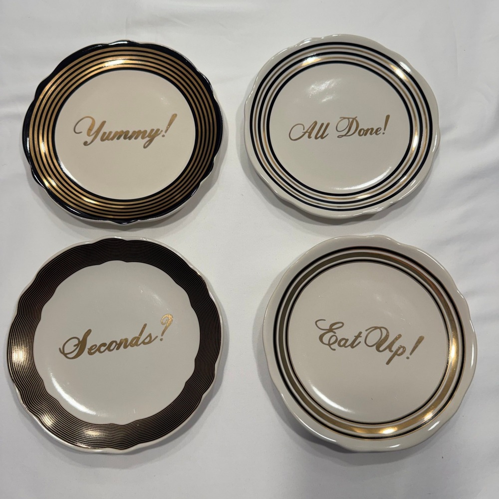 West Elm Fishs Eddy Appetizer Plates Set 4 Gold Script Scalloped 6.5" Cream VGC